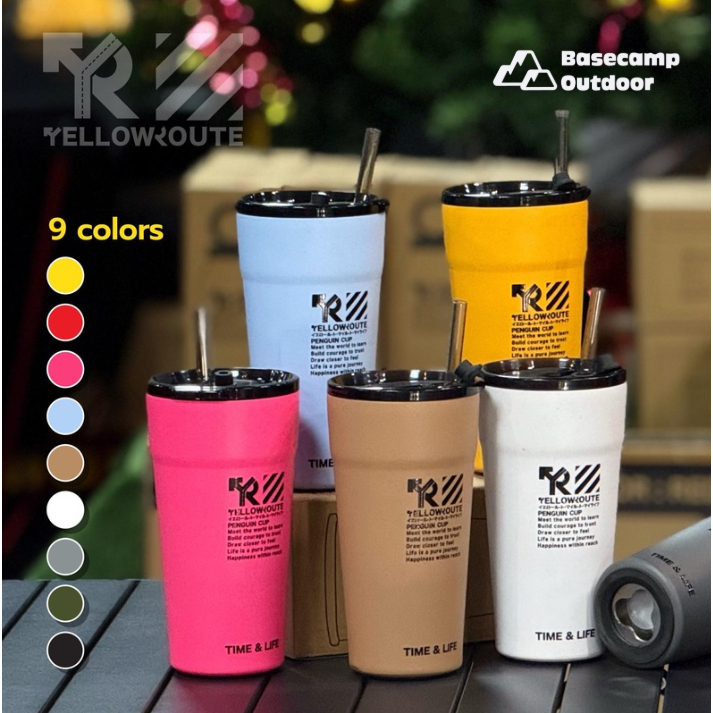 Yellow Route Penguin Cup (ลายใหม่) แก้วเก็บความเย็น ขนาด 20 Oz. - มีที่เปิดขวดใต้แก้ว - แถมหลอด+ฝา-แถมที่ล้างหลอด