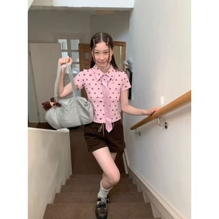 B&R พร้อมส่ง เสื้อโปโลลายจุดสำหรับผู้หญิง เสื้อยืดแขนสั้นคอปกปักรูปหัวใจ เสื้อสไตล์เรโทรน่ารักๆ สำหรับฤดูร้อน ขนาดS-2XL