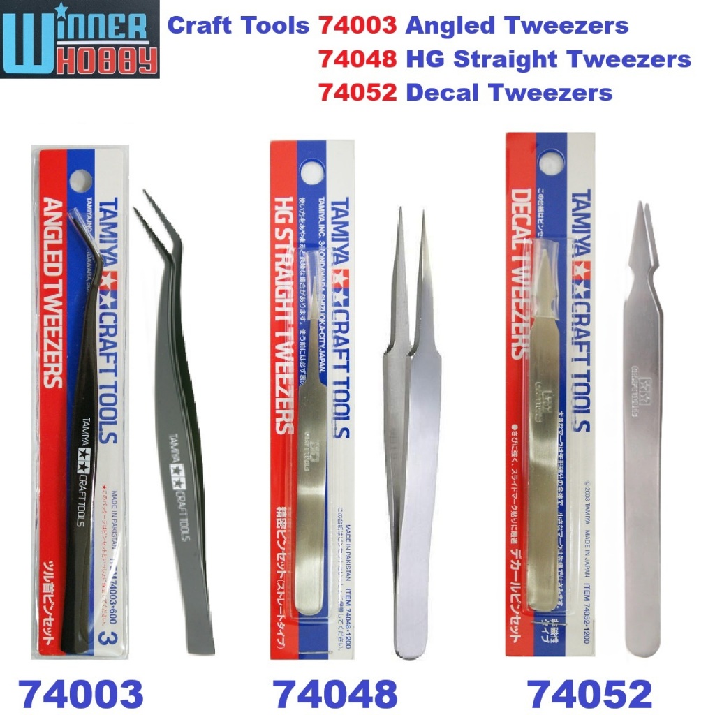 Tamiya Craft Tools 74003 Angled Tweezer, 74048 HG Straight Tweezer, 74052 Decal Tweezer