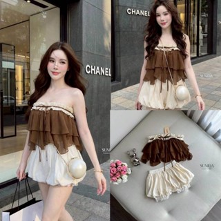 Sunida ชุดเซต2ชิ้น เสื้อเกาะอกสีน้ำตาลเข้ม แต่งโบด้านหน้า+ ก…