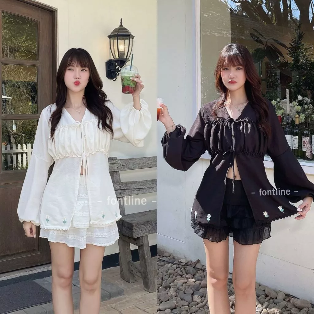 เสื้อคลุมแขนยาว ผูกโบว์หน้า เสื้อเบลาส์คอวี ผ้าแคนดี้อัดย่น สีขาวครีม สีดำ เนื้อผ้าไม่ต้องรีด ปักดีเทลดอกไม้น่ารัก (V91)