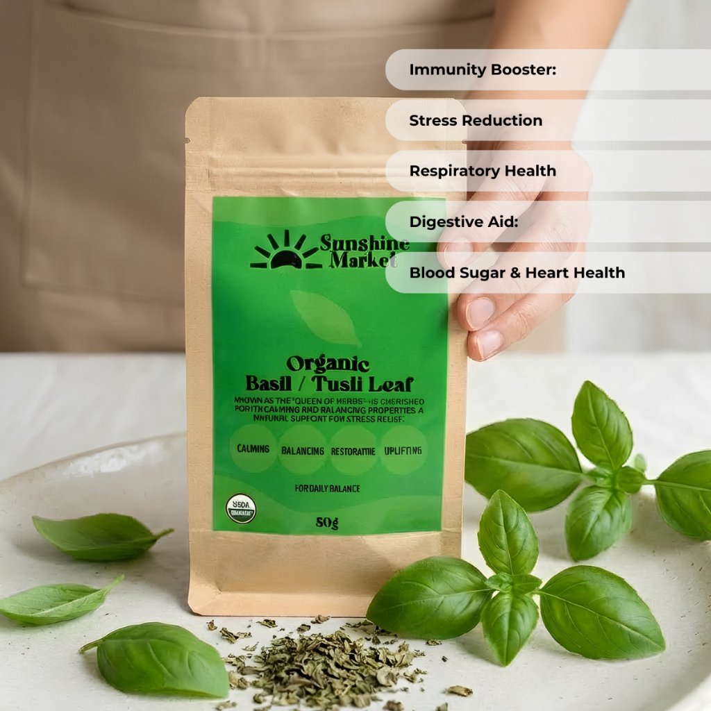 Sunshine Market Organic Basil/Tulsi Leaves 50g | บโหระพาอินเดีย (ทูลซี) ออร์แกนิกอบแห้ง