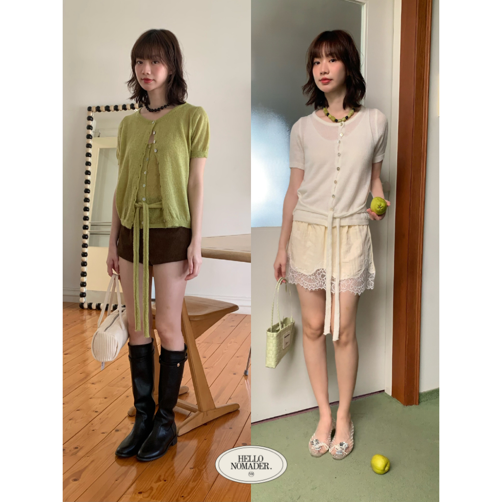 NOMADE.& พร้อมส่ง Sugar babe Set {เสื้อเซ็ตแขนกุดผูกเอว+ เสื้อคลุมแขนสั้นกระดุมเปลือกหอย}