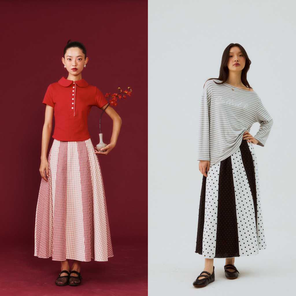 Audrey Skirt กระโปรงยาวลายจุดและลายสก็อต ดีเทลตัดต่อผ้า