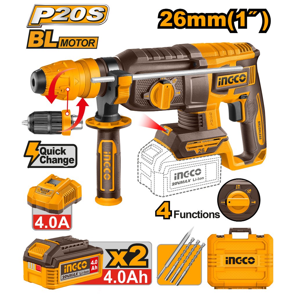 INGCO สว่านโรตารี่ไร้สาย 20V ขนาด 26 มม. ระบบ Quick Change เปลี่ยนหัวได้ BL MOTOR รุ่น CRHLI202689 ครบชุดแบต4ah*2