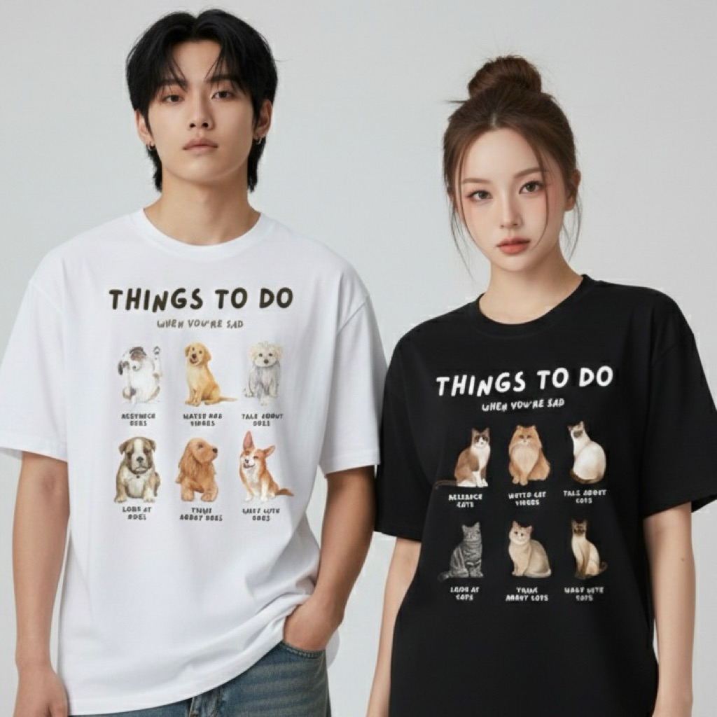(พร้อมส่ง🎉) เสื้อยืดลาย Things to do when you're sad ลายน้องหมาน้องแมว ขาวดำ มีไซส์ใหญ่