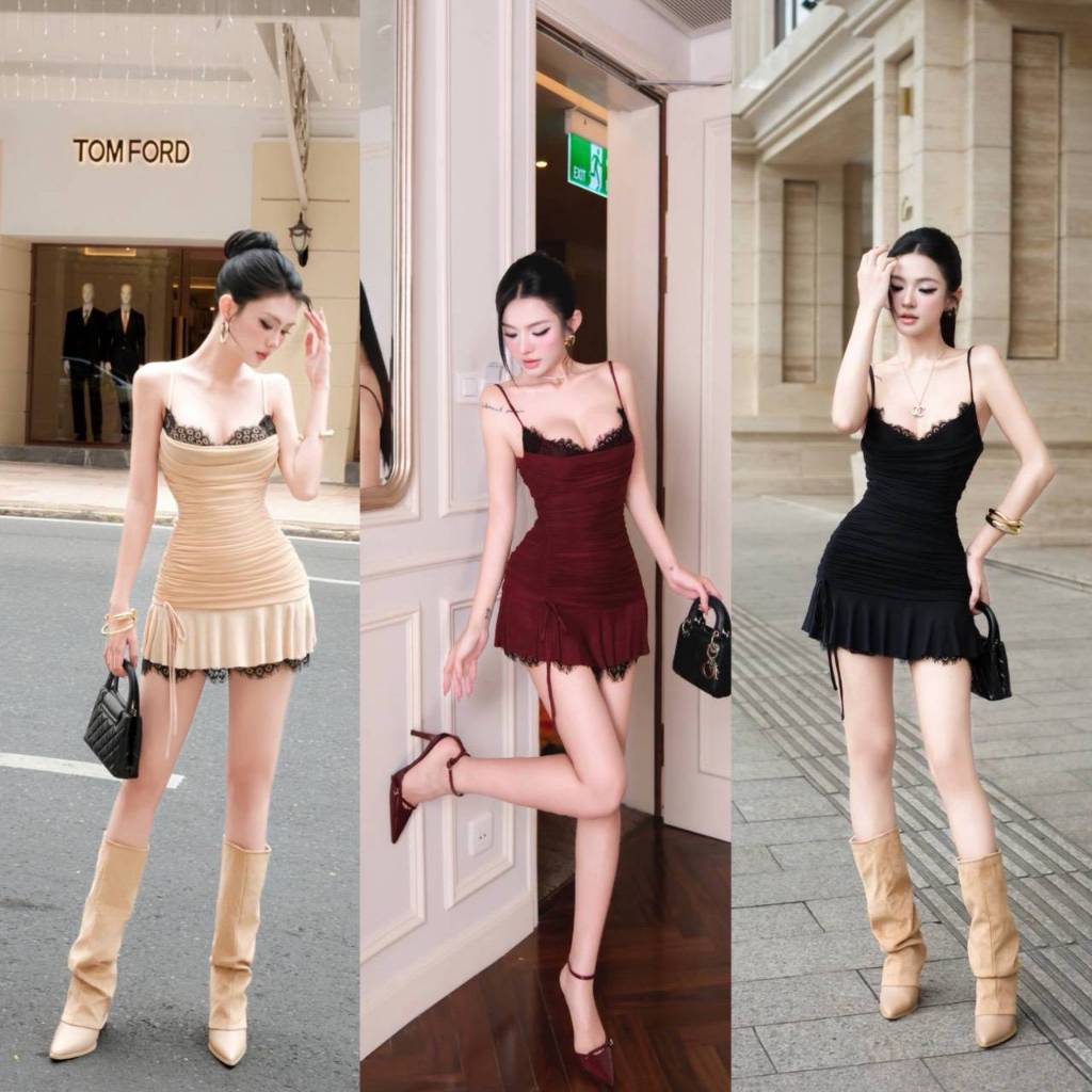 TBB BRAND : Lincey Mini Dress เดรสเข้ารูป2เลเยอร์ ขอบลูกไม้sexy
