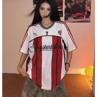 เสื้อยืดแขนสั้นพิมพ์ลายทางสไตล์เรโทรอเมริกัน เนื้อผ้าบางเบา …