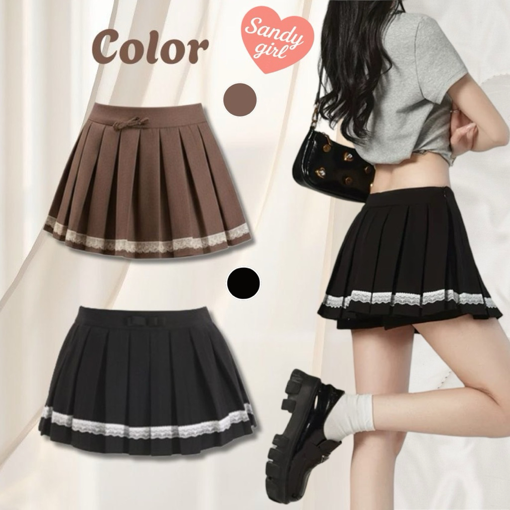 SandyGirl 🎀 Lace Pleated Skirt ✨ กระโปรงเทนนิสแต่งลูกไม้สุดจึ้ง! ลุคไอดอลเกาหลี 💖 มีโบว์จิ๋ว แมทช์ง่าย พร้อมส่งในไทย🇹🇭