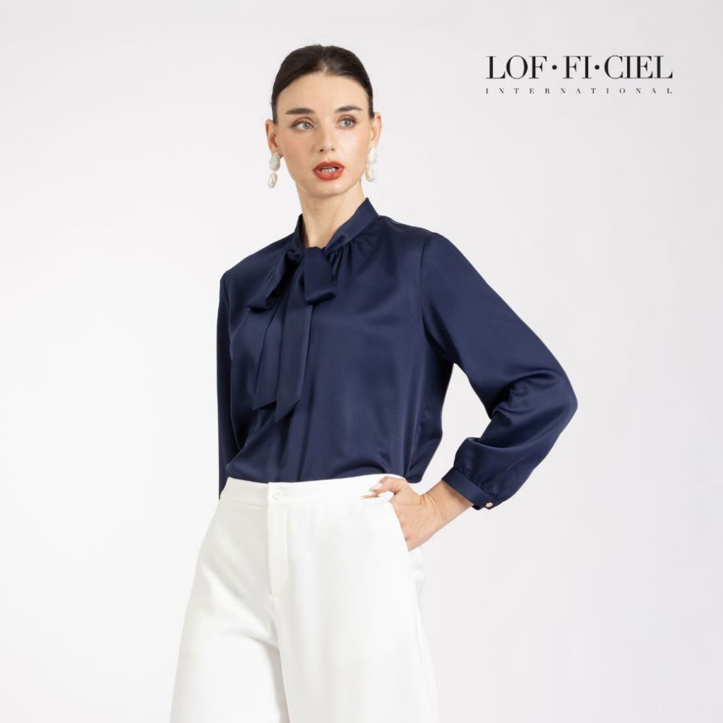 LOF-FI-CIEL Woman's Blouse Silk Satin เสื้อผู้หญิง แขนยาว สีกรม F9Y2NV
