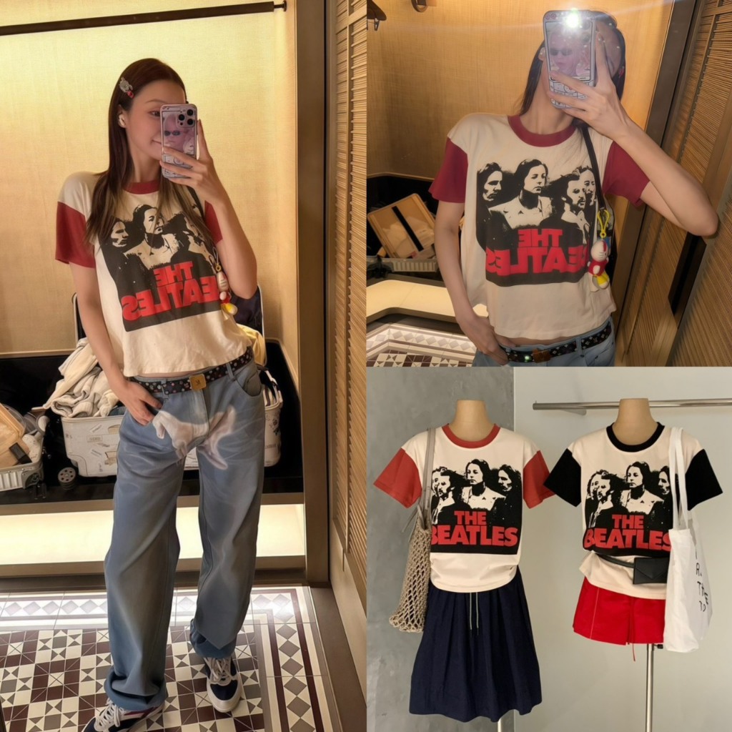 (พร้อมส่ง) เสื้อยืดคอกลมแขนสั้นสกรีนลายช่วงอกรุ่น 8793 TAG WG.WE 🇰🇷