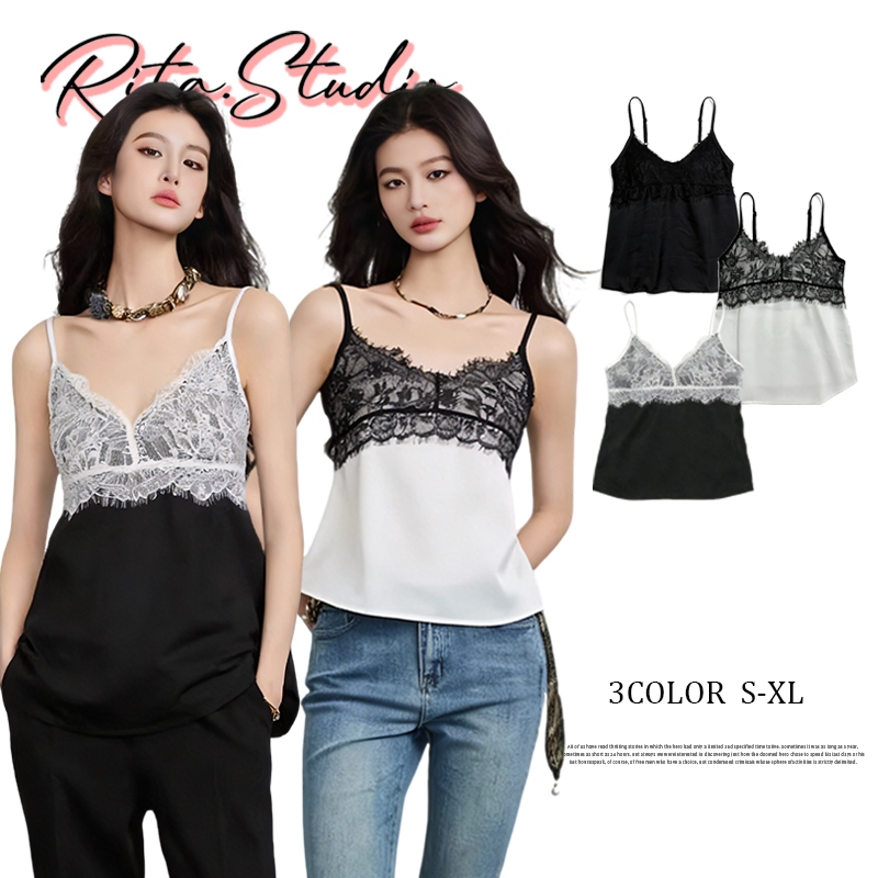 Rita พร้อมส่ง🍒เสื้อกล้ามคอวีหลึก ลูกไม้ ซาติน เสื้อครอปทรงเข้ารูปงานสวย แฟชั่นเซ็กซี่ผู้หญิง สีดำ สีขาว เรียบหรู