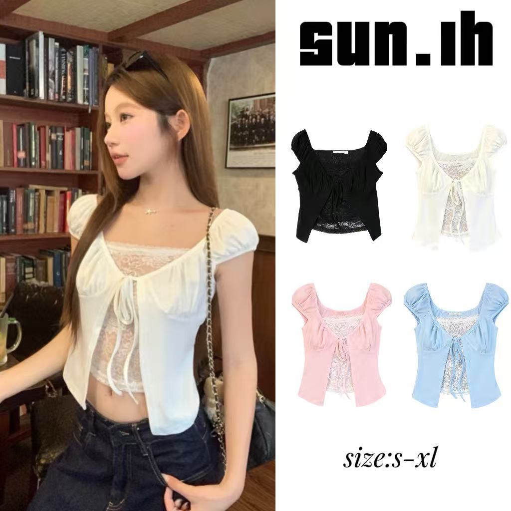SUN🛍️พร้อมส่ง🛍️เสื้อยืดแขนสั้นสำหรับผู้หญิง ดีไซน์ใหม่สำหรับฤดูร้อน มีเชือกผูกและขอบลูกไม้