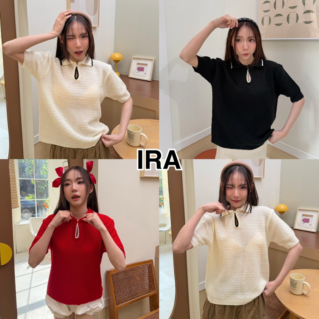 BY IRA เสื้อไหมพรมแขนสั้นคอปกสีพื้น ผ้ายืดทรงหลวมใส่สบาย สไตล์ฤูดูร้อน