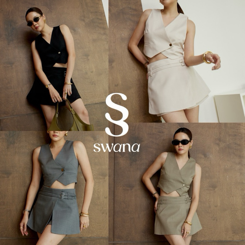 เสื้อครอปแขนกุด + กระโปรงกางเกงเข็มขัดหน้า - Swanashop มือสอง