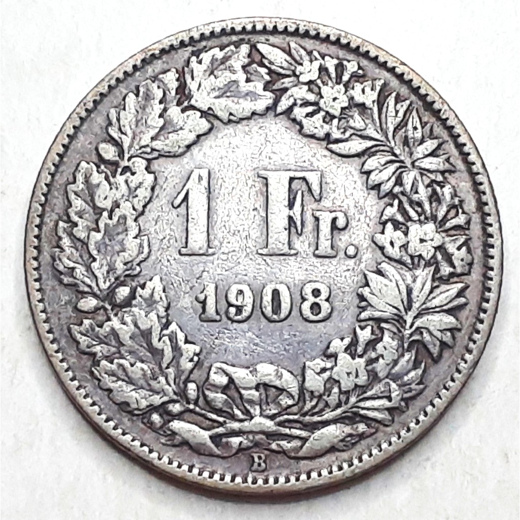 Silver Collection, 83.5 Percent, Switzerland, 1 Franc, 1908-B, VF, Free Shipping, ส่งฟรี