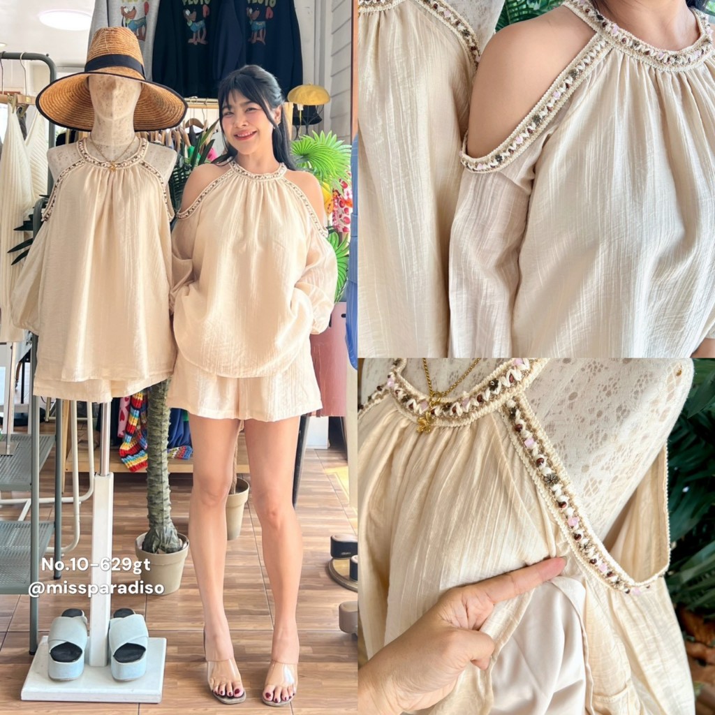10-629GT setเสื้อแขนยาวเว้าไหล่ครีมปักขอบ+ขาสั้น
