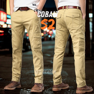 COBALT S2 ผ้ายืด กางเกงคาร์โก้ 6 กระเป๋า สีครีม ผ้าคอตตอน สแปนเด็กซ์ ผ้าหนา เอว 28-40 นิ้ว