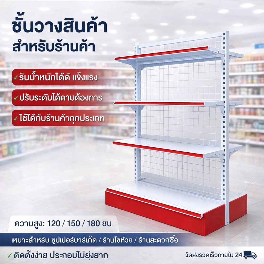 ชั้นวางสินค้ามินิมาร์ท ทำจากเหล็ก ใช้เปิดร้านซุปเปอร์มาเก็ต ร้าสะดวกซื้อได้ รับน้ำหนักชั้นละ50KG