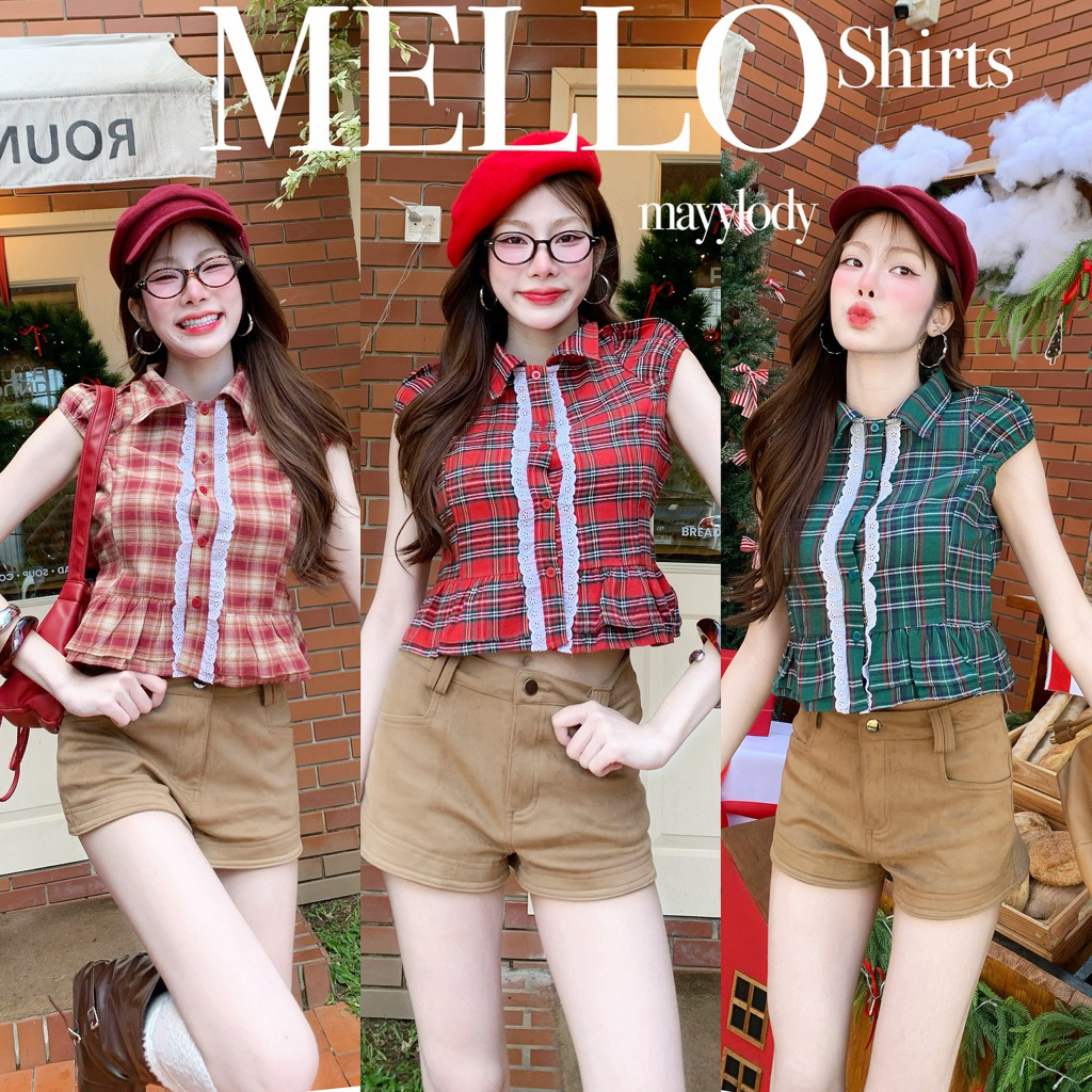💓mayylody💓MELLO TOPP เสื้อเชิ้ต เสื้อคอปก แขนกุด เเต่งระบายลูกไม้ ลายสก็อตสุดฮิต สไตล์เกาหลี 🌷🪞🛍️🌸 เชิ้ต เสื้อลายสก็อต