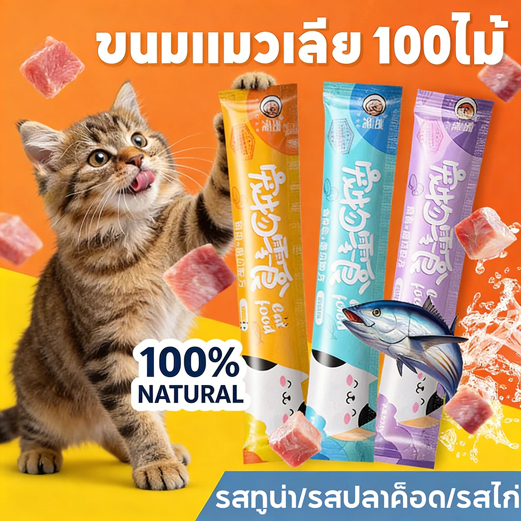 PETLUSCI ขนมแมวเลีย 50/100ซอง อาหารเปียกแมว ขนมแมว 3รสชาติ รสไก่/ปลาคอด/ทูน่าขนาด อาหารเสริมแคลเซียม