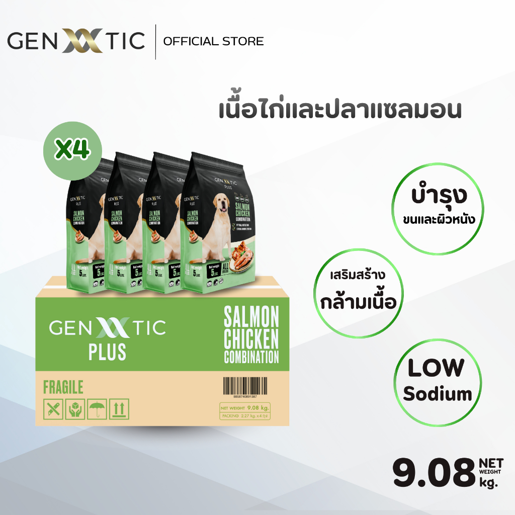 อาหารสุนัข Genetic Plus  สูตรเนื้อไก่และแซลมอน ขนาด 2.27kg. 4 ถุง