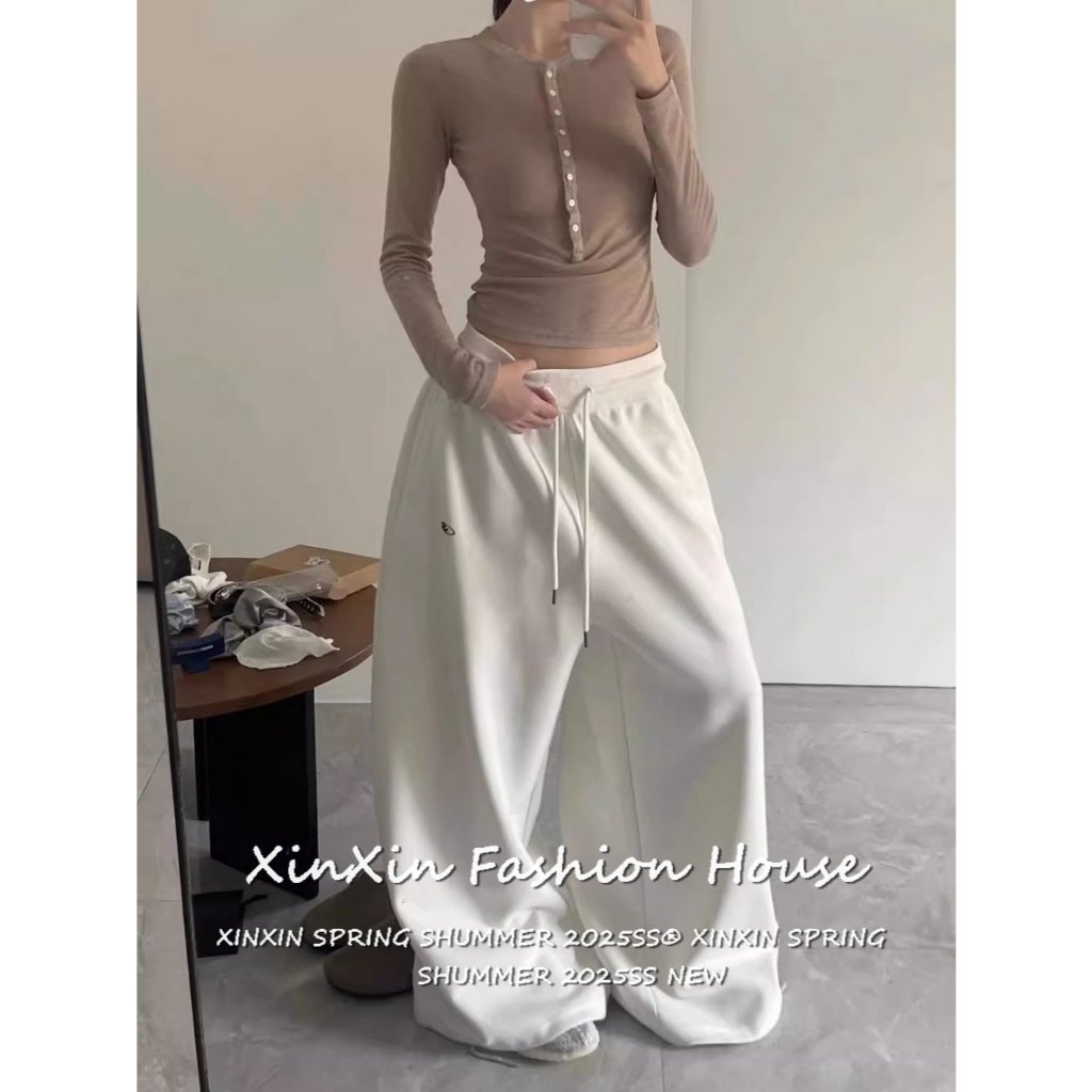 [Summer embroidered wide-leg pants]กางเกงขายาวทรงหลวมผูกเชือกสไตล์เรโทรอเมริกันสำหรับผู้หญิง