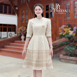 PR168 เดรสผ้าฝ้ายทอลาย อัดกาวทั้งชุด คัตติ้งเนี๊ยบ มีไซส์S-2XL แบรนด์ preeya