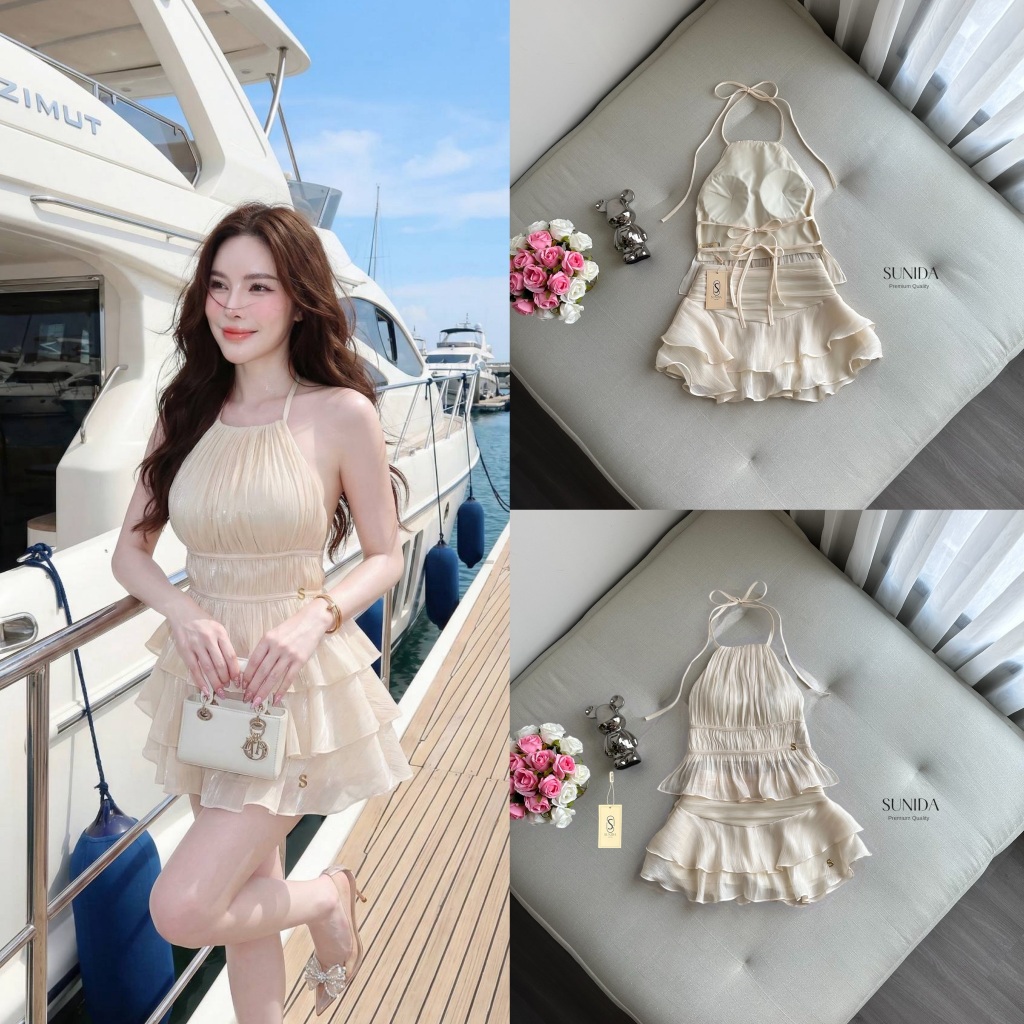 Sunida- ชุดเซต สี Champagne Gold  เสื้อผูกคอผูกหลังหน้าอกเสริมฟองนม+ กระโปรงมีซับในกางเกง