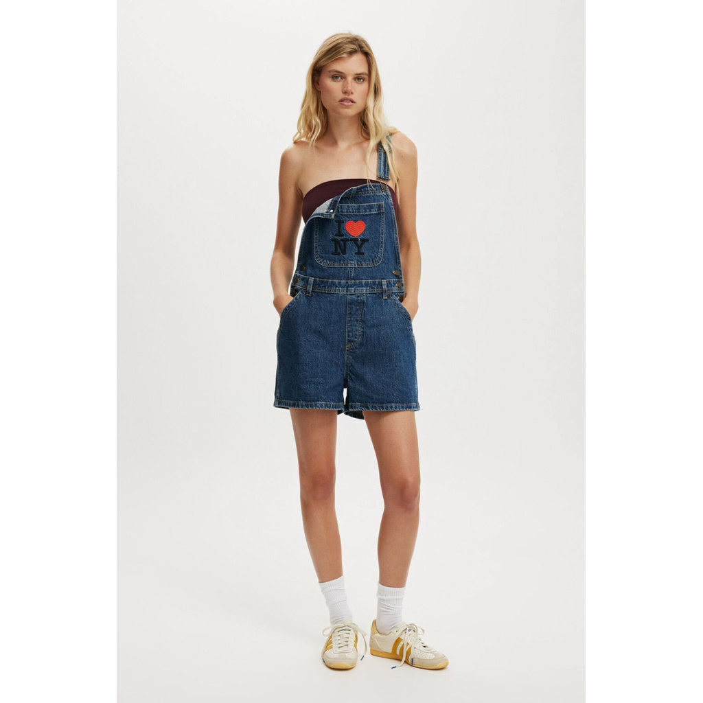 Cotton On I Love NY Short Denim Overall / เอี๊ยมยีนส์ขาสั้นคอตตอนออน I Love NY มือ 1 ไซส์ us8