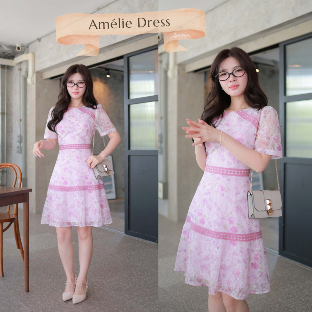 "Romi"Oil" Amelie Dress (Pink) K386 ชุดเดรสสีชมพู (ชุดลูกไม้ระบายกระโปรง)