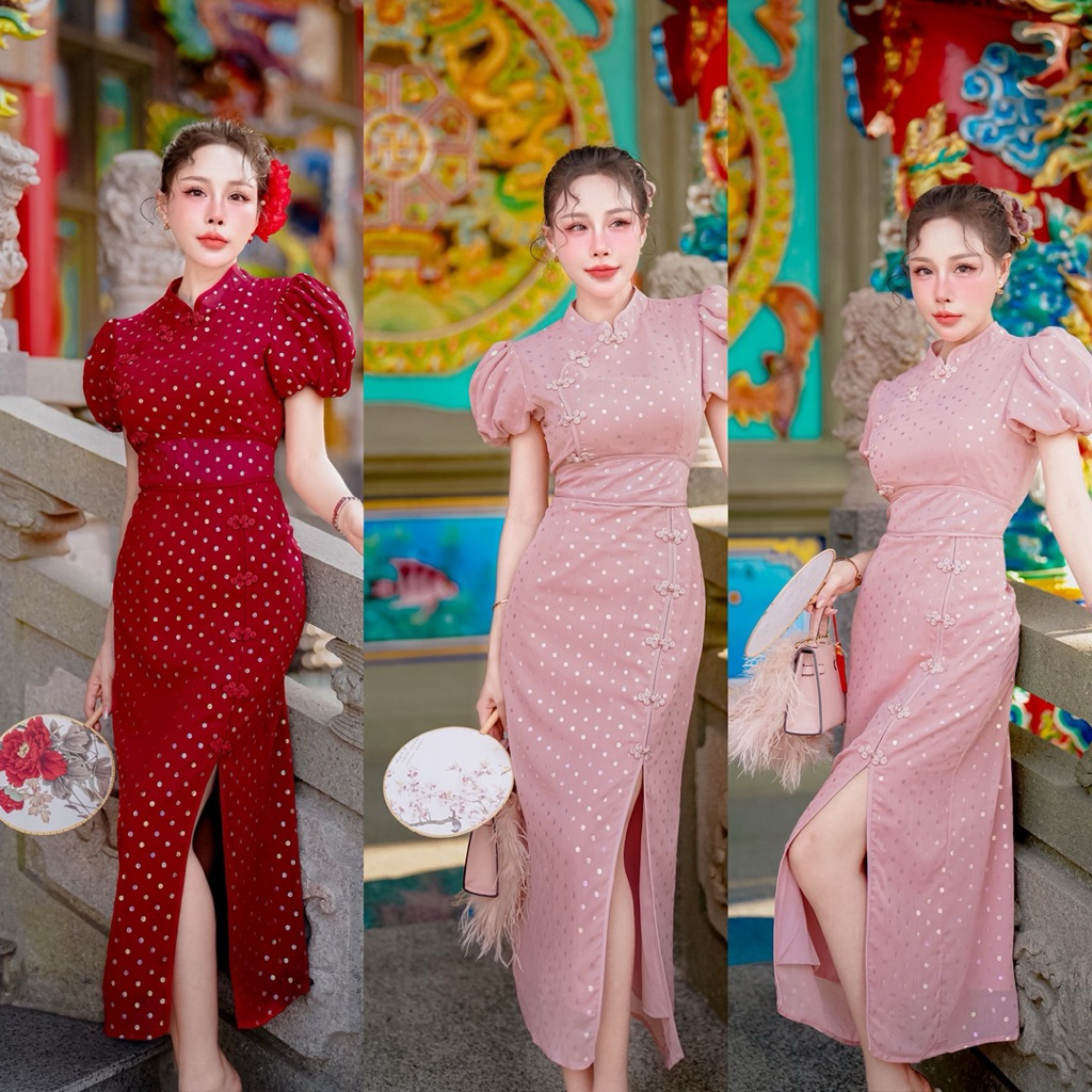 (ปกติ ยาว 48“) เดรสยาว เดรสกี่เพ้า ลายจุด ผ้าชีฟอง