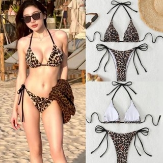 🧡Basic swimsuit💛 บิกินี่ ชุดว่ายน้ำ 2 ชิ้น ลายเสือดาว คอฮอลเ…