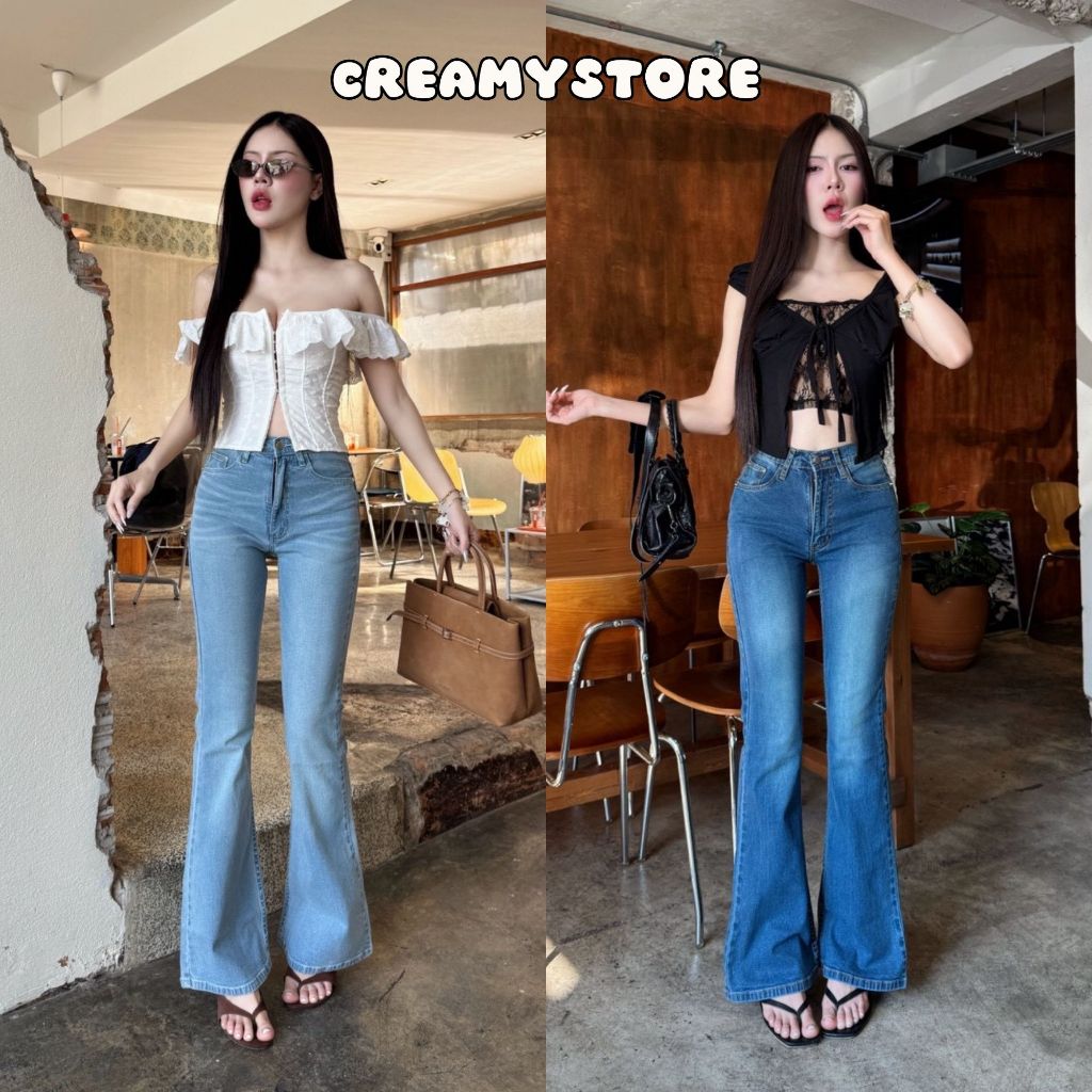 Creamystore กางเกงยีนส์ขาม้าเอวกลาง ยีนส์ยืด ป้ายYam' jeans🍨