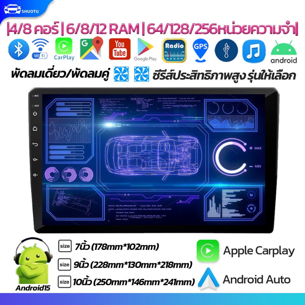 จอแอนดรอยด์ติดรถยนต์ พัดลมในตัว 4/8 Core 6/8+64/128G ของแถน วิทยุติดรถยนต์ เครื่องเล่นวิทยุ FM GPS Wifi  บลูทูธ7/9/10นิ