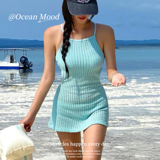 ชุดว่ายน้ำวันพีซ ผู้หญิง ถัก Halter เว้าเอว สไตล์เกาหลี หวาน เซ็กซี่ Beach Holiday | Ocean Mood