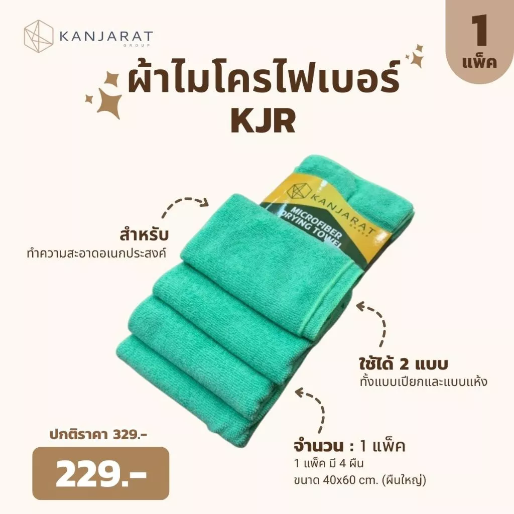 KJR - ผ้าไมโครไฟเบอร์ทำความสะอาดอเนกประสงค์ ขนาด 40x60cm 4 ผืน