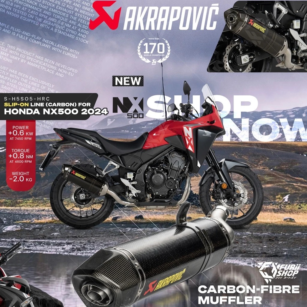 ท่อสูตร/ท่อแต่ง/ท่อไอเสีย Akrapovic Slip on Carbon new shape ทรงใหม่ : for Honda NX500 2024
