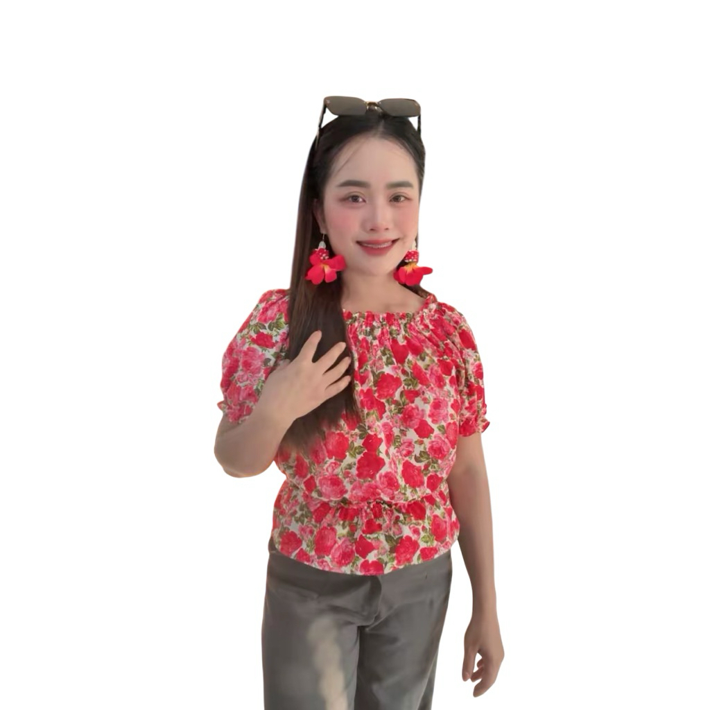 เสื้อลายดอกเสื้อทองกวาวแขนนตุ๊กตาสีสวยมากสำหรับผู้หญิง(ขนา รูปที่ 8