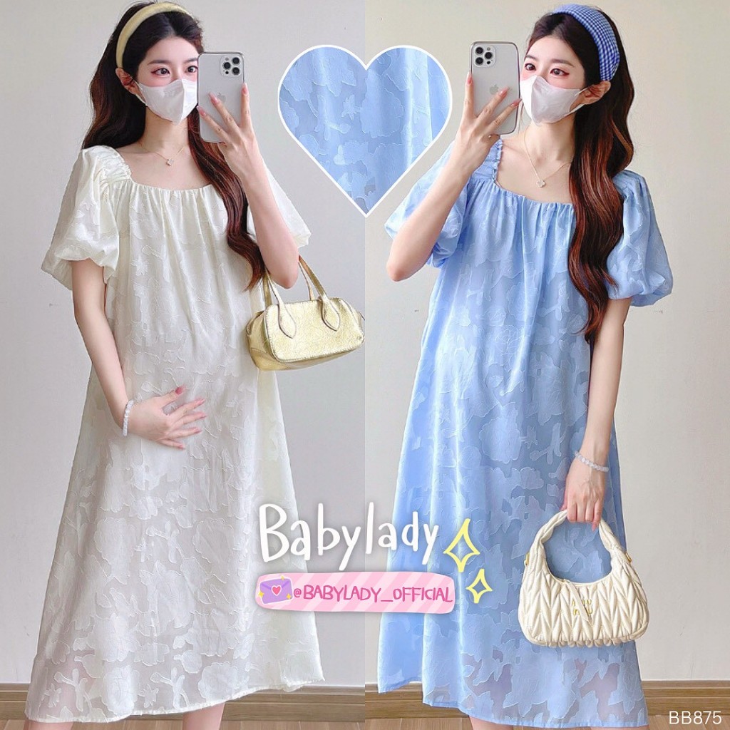 [BB 875] ชุดคลุมท้อง | BABYLADY ♡ - เดรสชีฟองแจ็คการ์ดลายในตัว แขนตุ๊กตา มีซับใน