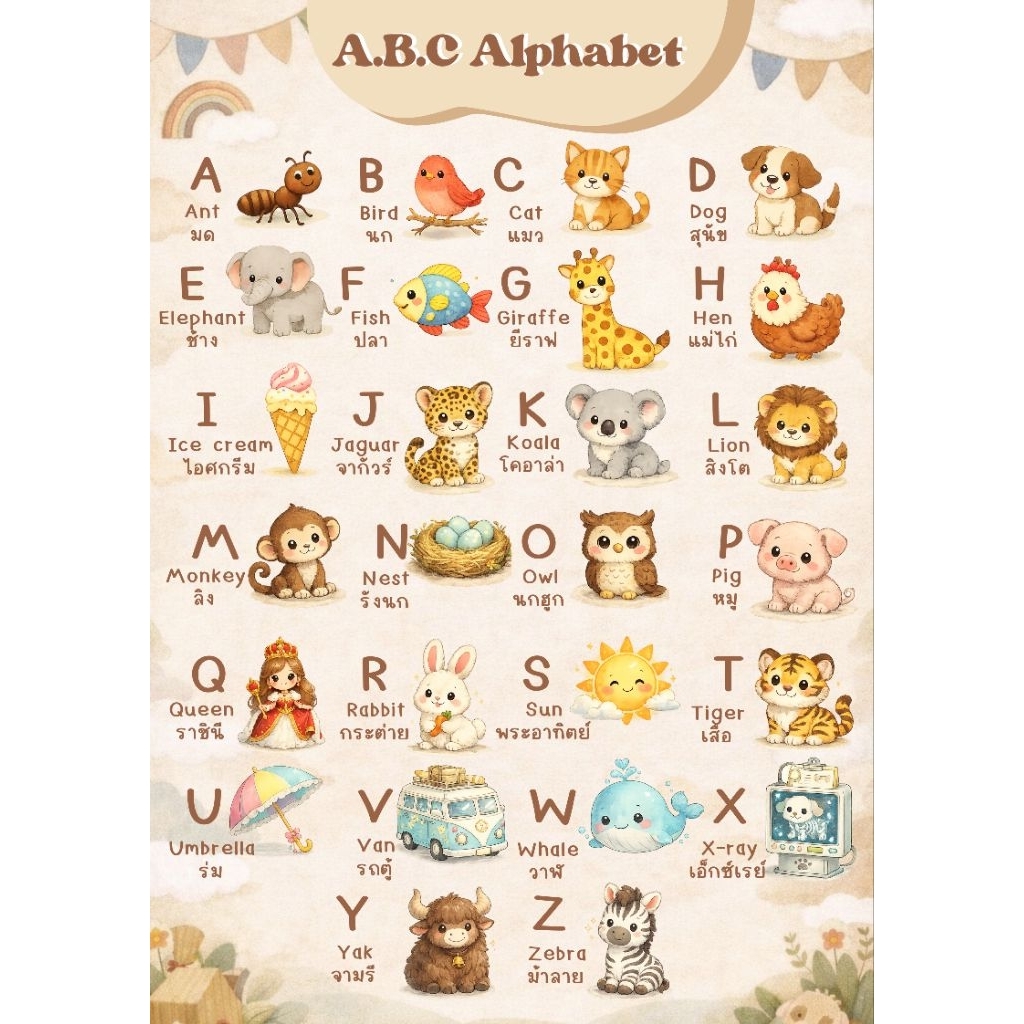 โปสเตอร์ ABC สำหรับเด็ก  | ติดผนังห้องเด็ก | สื่อการเรียนรู้ ก-ฮ A-Z | ของแต่งห้องเด็ก มินิมอล | ร้า