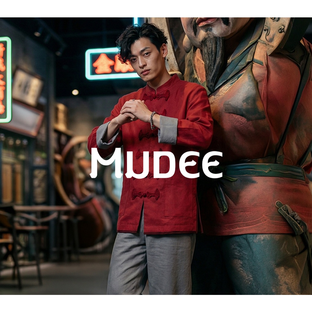 MUDEE เสื้อคอจีนผู้ชายแขนยาว ผ้าลินินกระดุมจีน