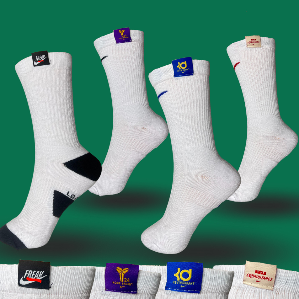 [พร้อมส่ง] ถุงเท้าบาสเกตบอล แท็กชื่อKOBE LEBRON KD GREEK FREAKสีขาว ข้อสูง ผ้าหนา