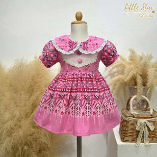 ⭐️Littlestar👧🏻 เดรสเด็กผ้าไทย ชุดไทยเด็กผ้าฝ้าย ผ้าครัช แต่งลูกไม้ มินิเดรสเด็กกระดุมหลัง มีสายผูกโบว์ GSF0653