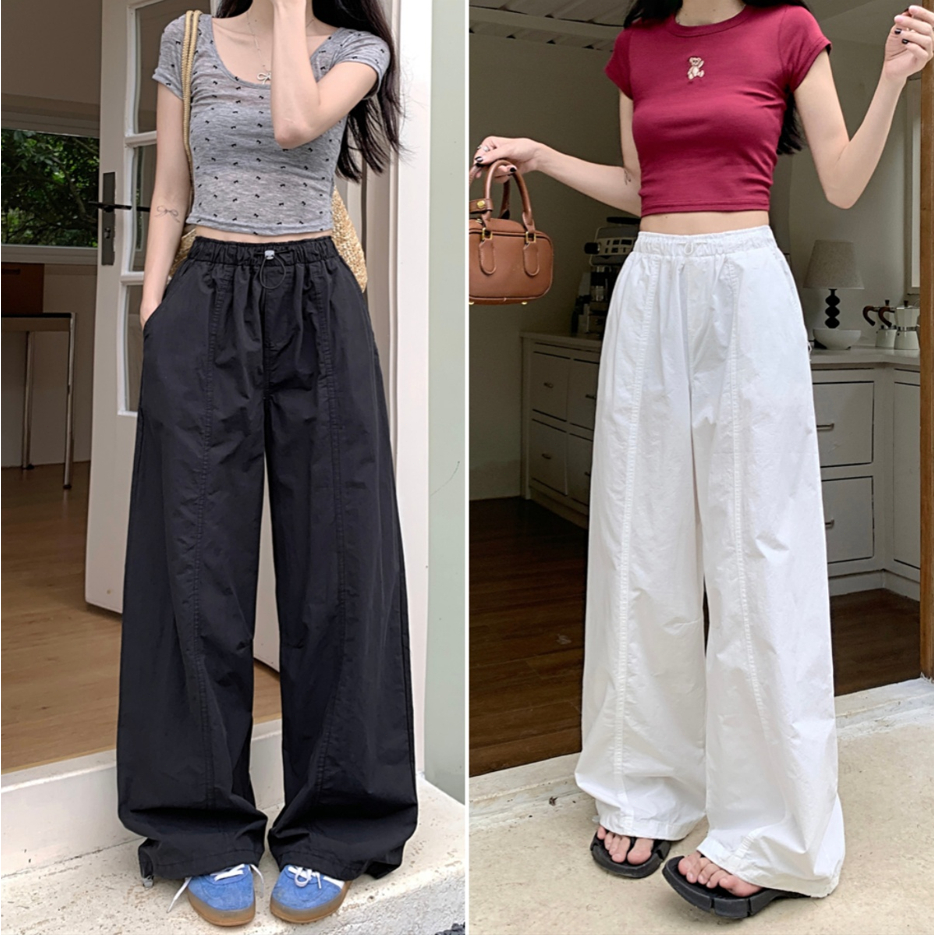 Beryl 🌻กางเกงขายาวใส่สบายๆ กางเกงสายฝอผู้หญิง สไตล์อเมริกันสุดเทรนดี้ สีพื้น การออกแบบแฟชั่นไฮสตรีท