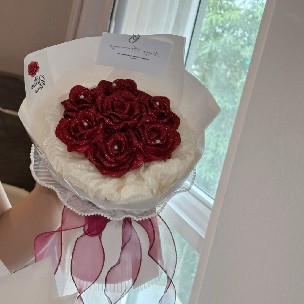 [ 7ดอก ]ช่อดอกไม้ ดอกกุหลาบ ช่อดอกไม้ดอกกุหลาบ ดอกกุหลาบกากเพชร ดอกกุหลาบริบบิ้น - รูปที่ 2