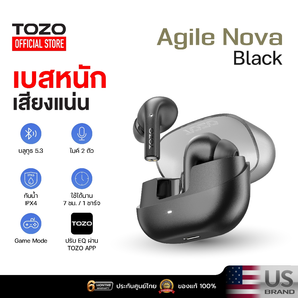 [ประกันศูนย์ไทย] TOZO Agile Nova หูฟังบลูทูธ หูฟังไร้สาย หูฟังอินเอีย เบสหนัก Bluetooth 5.3 แบต 7 ชม/ชาร์จ IPX4