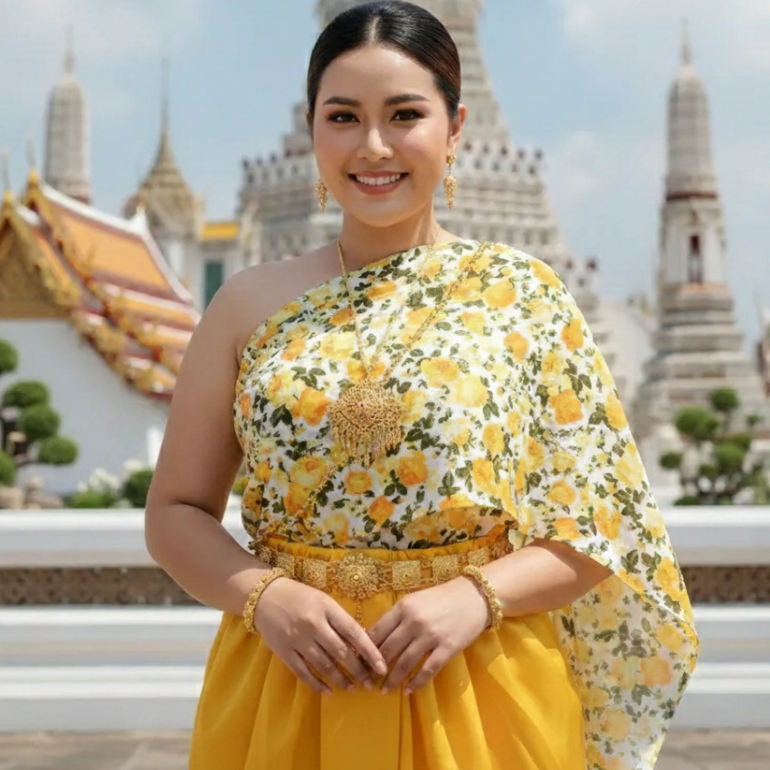 สไบพลัสไซส์สำเร็จรูป สไบชุดไทยคนอ้วน สไบสาวอวบ-อ้วน สไบลายดอก ระหว่างหน้าอก 45-65 นิ้ว
