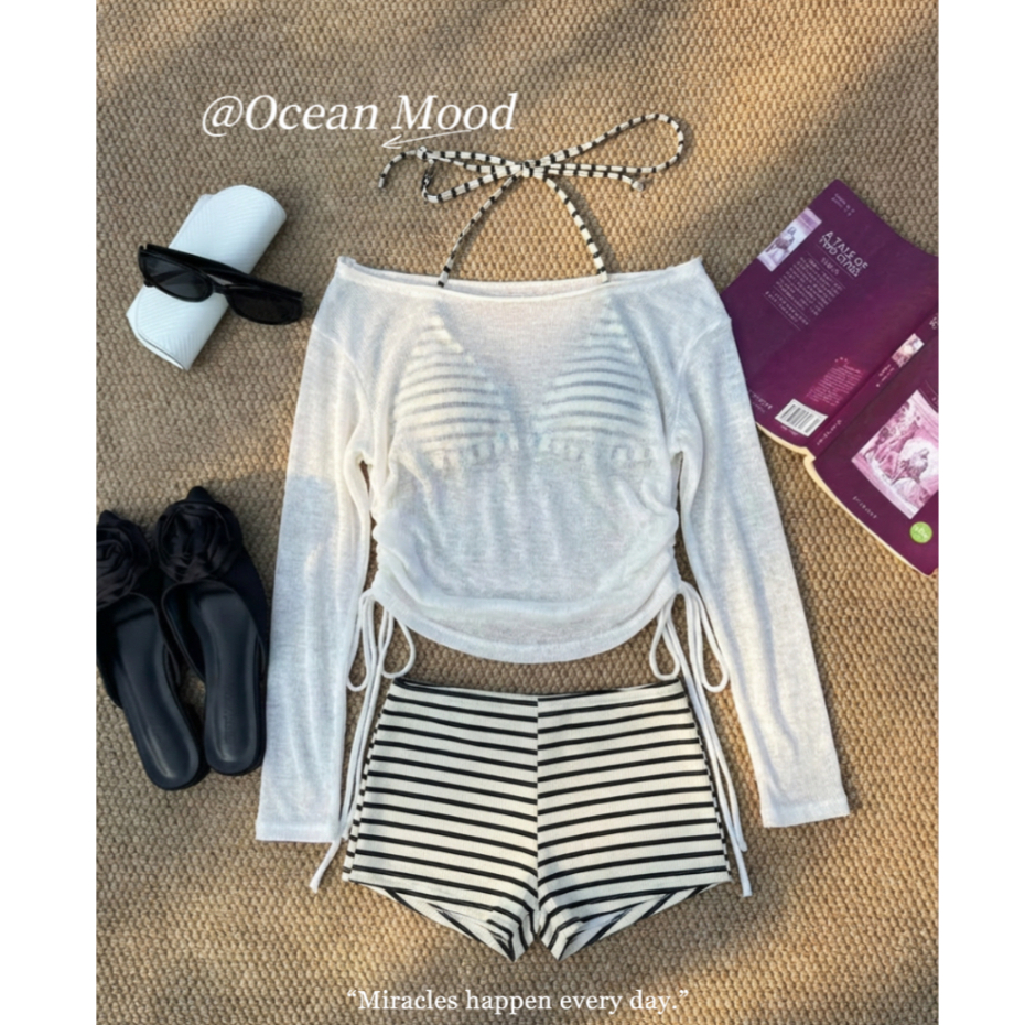 Bikini Set บิกินี่ชุดว่ายน้ำ 3 ชิ้น พร้อมคลุม beach ลายทาง เอวสูง มีฟองน้ำ ฟีลทะเล | Ocean Mood