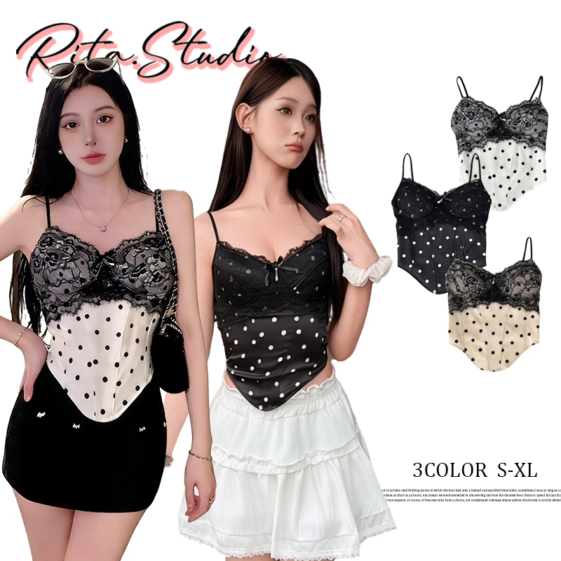 Rita พร้อมส่ง🍒เสื้อสายเดี่ยวลูกไม้ ดีเทลขอบลูกไม้และโบว์ พิมพ์ลายจุด ซ็กซี่แฟชั่นผู้หญิง พร้อมฟองน้ำ สไตล์ฝรั่งเศส